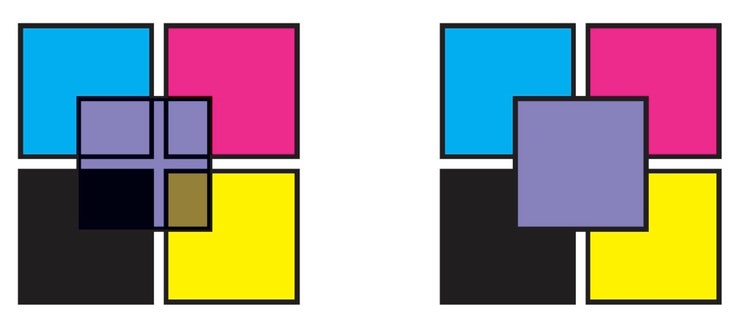 Colorful squares with transparency-like effect from overprinting.