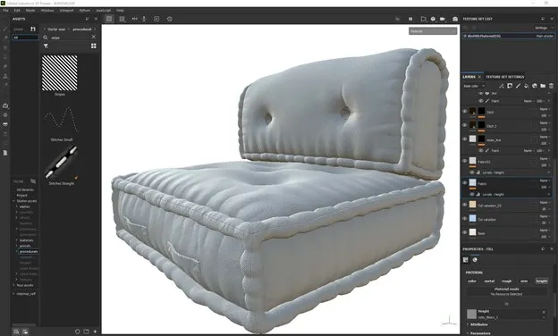 Image of a couch in Substance 3D Painter. 