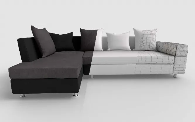 Image of a sectional in two different shades of fabric. 