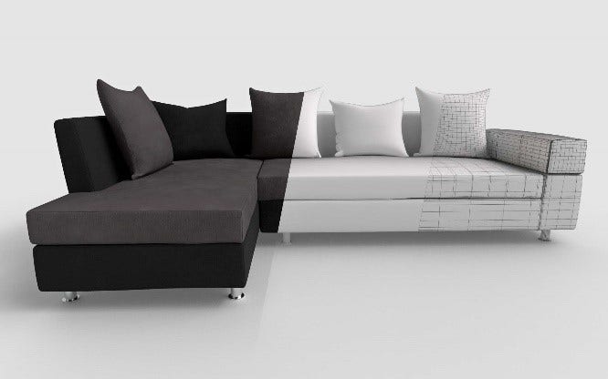 Image of a sectional in two different shades of fabric.