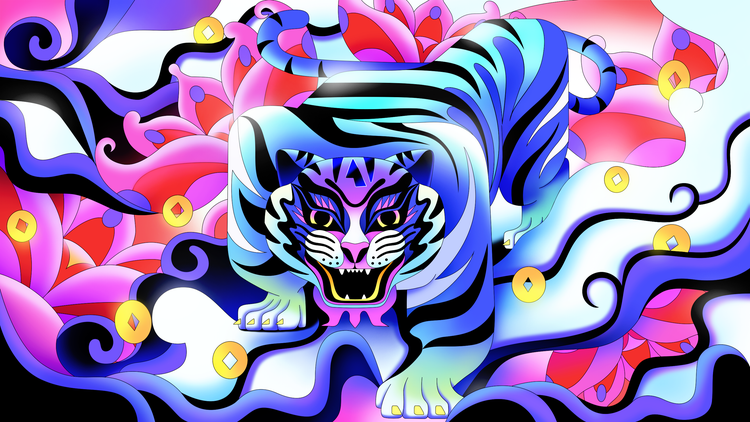 Illustration of a tiger in multicolour, by Flatwhite Motion.