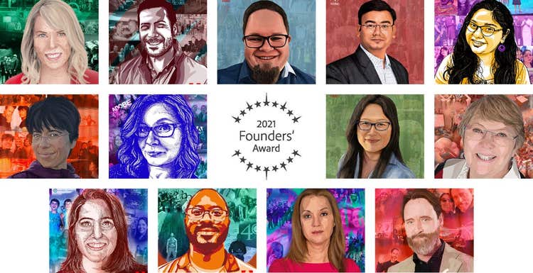 Illustration of Adobe's 2021 Founders' Award recipients.