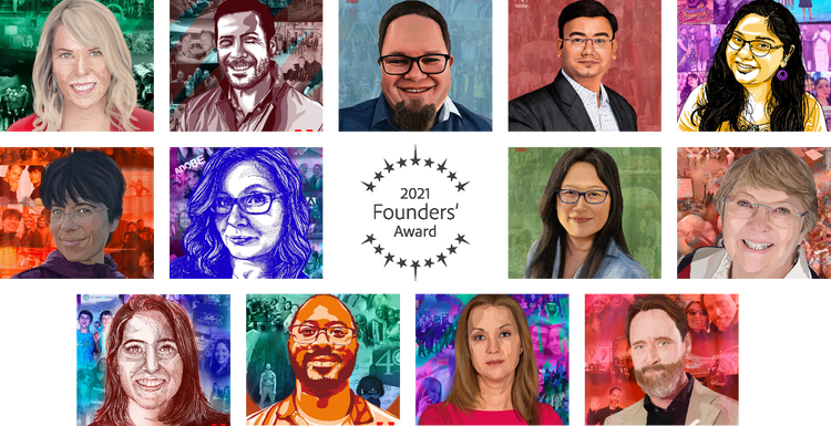 Illustration of Adobe's 2021 Founders' Award recipients.