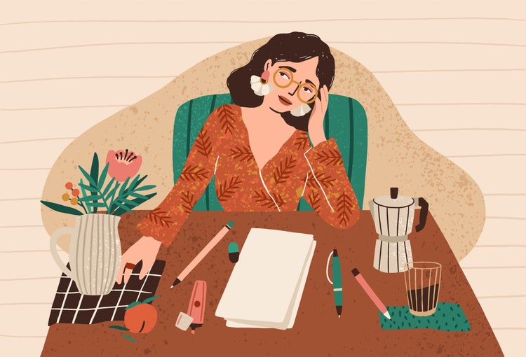 Illustration of a woman wearing glasses sitting at a desk with a blank piece of paper in front of her. She looks like she is thinking about what to write. 