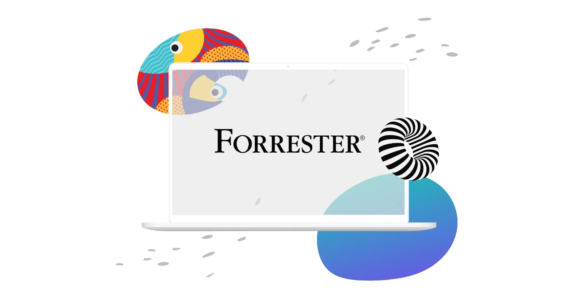 "Forrester" with abstract art surrounding the word. 