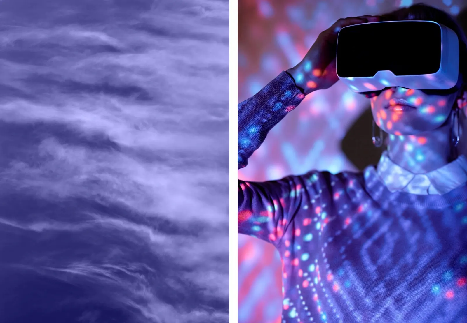 Left image: Violet sky with soft feather clouds, very peri color abstract background. Right image: Woman in magic virtual world