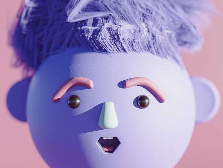 3d render of funny cute cartoon character with funny hair style.