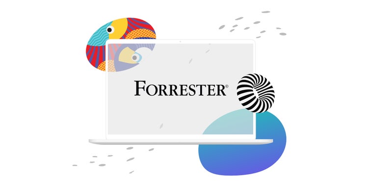 "Forrester" with abstract art surrounding the word. 
