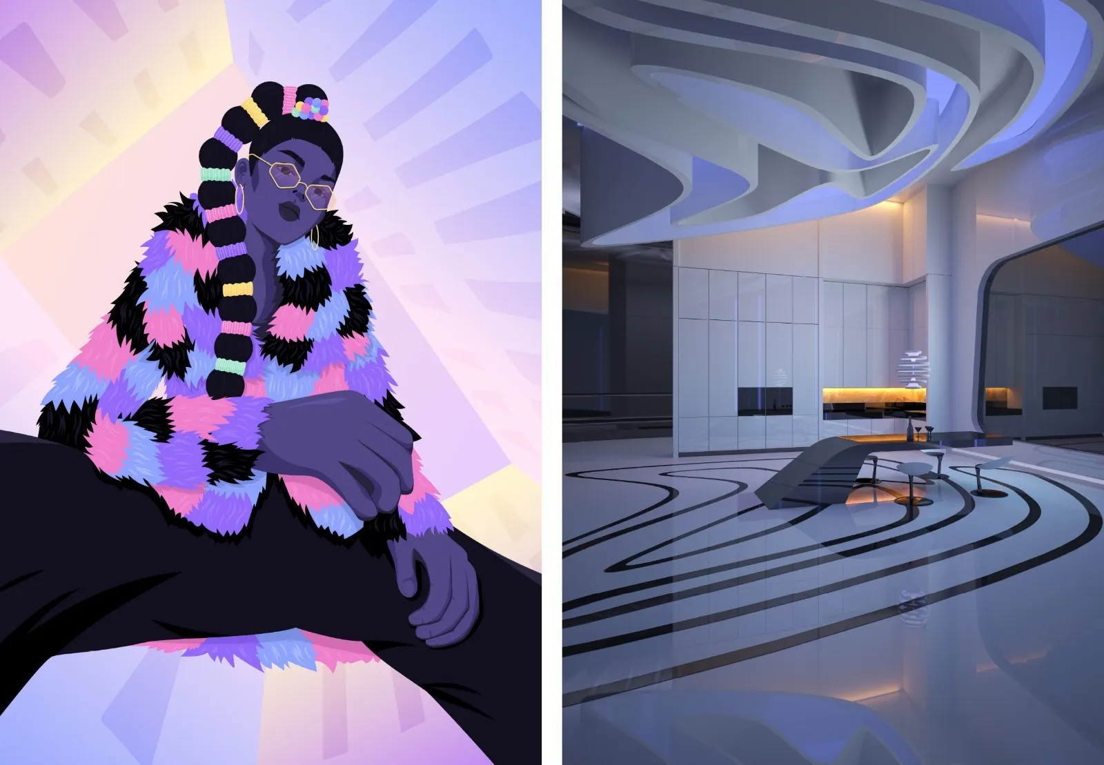 Left image: Diverse woman wearing colourful jacket looking down vector illustration.  Right image: Kitchen design of the future. 