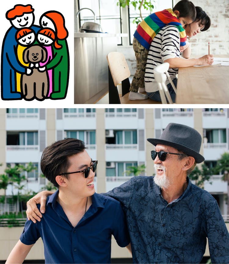 Collage of images: Top left: Illustration of a family hugging. Top right: Small child hugging his mother. Bottom image: Young man with his grandpa embracing.