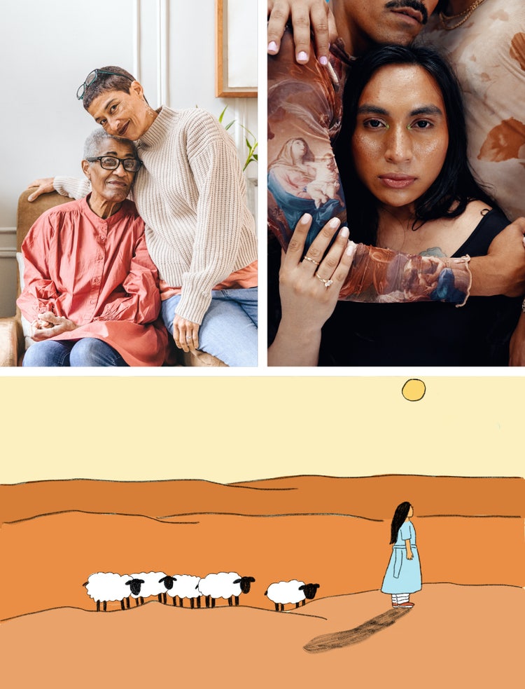 Image of a collage of people embracing and an illustration of a woman with sheep behind her staring off into the distance.