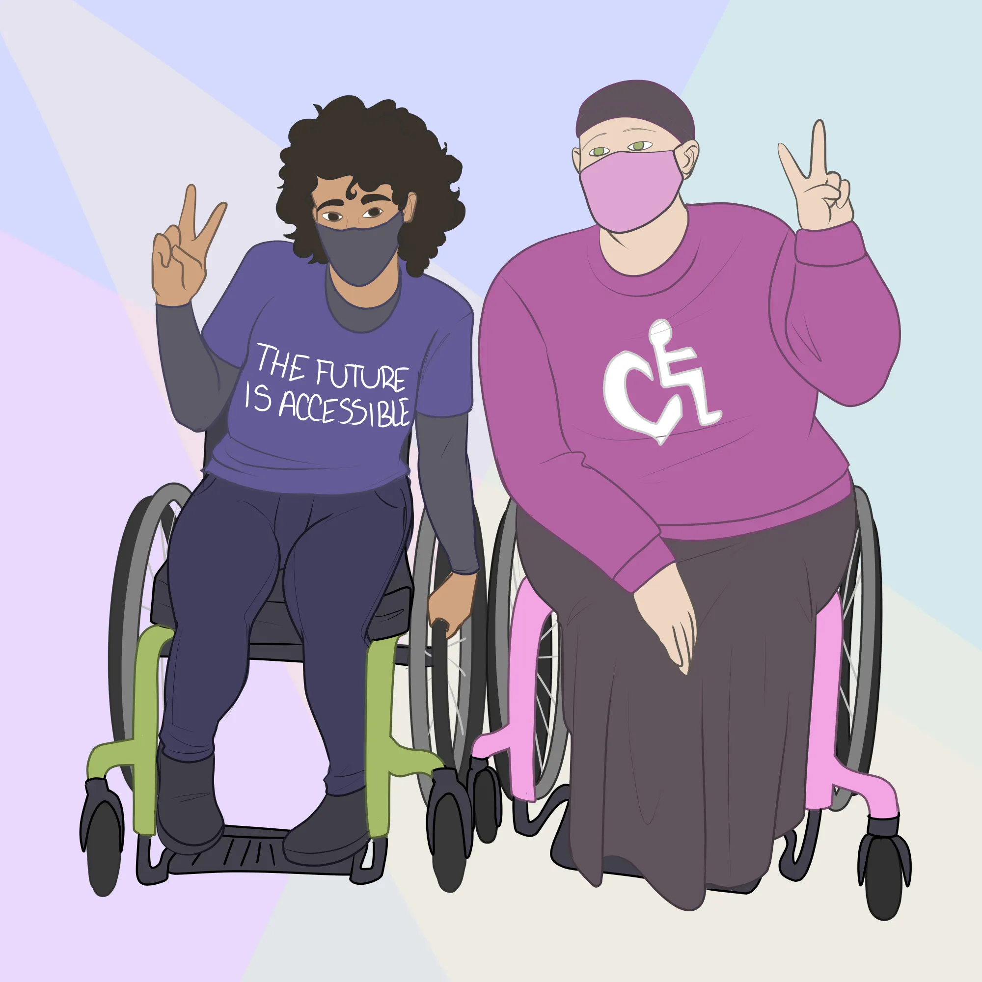 Illustration of disabled friends holding up Peace signs. 