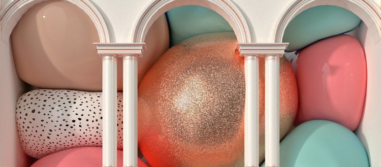 Luxurious terrace with puffy shapes and metallic textures.