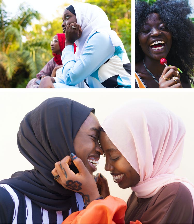 Collage of images taken by Adaeze Okaro of subjects laughing and embracing.