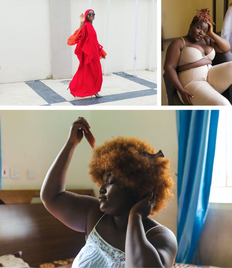 Collage of images taken by Adaeze Okaro of women walking, sitting and combing their hair. 