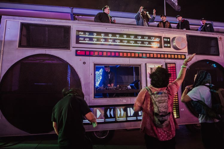 Art Cars are mobile sound systems that can be found roaming the festival grounds.
