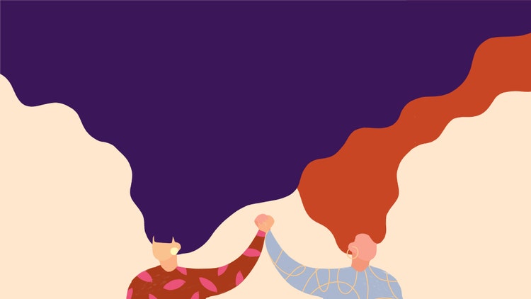 Illustration of two women with flowing hair holding hands