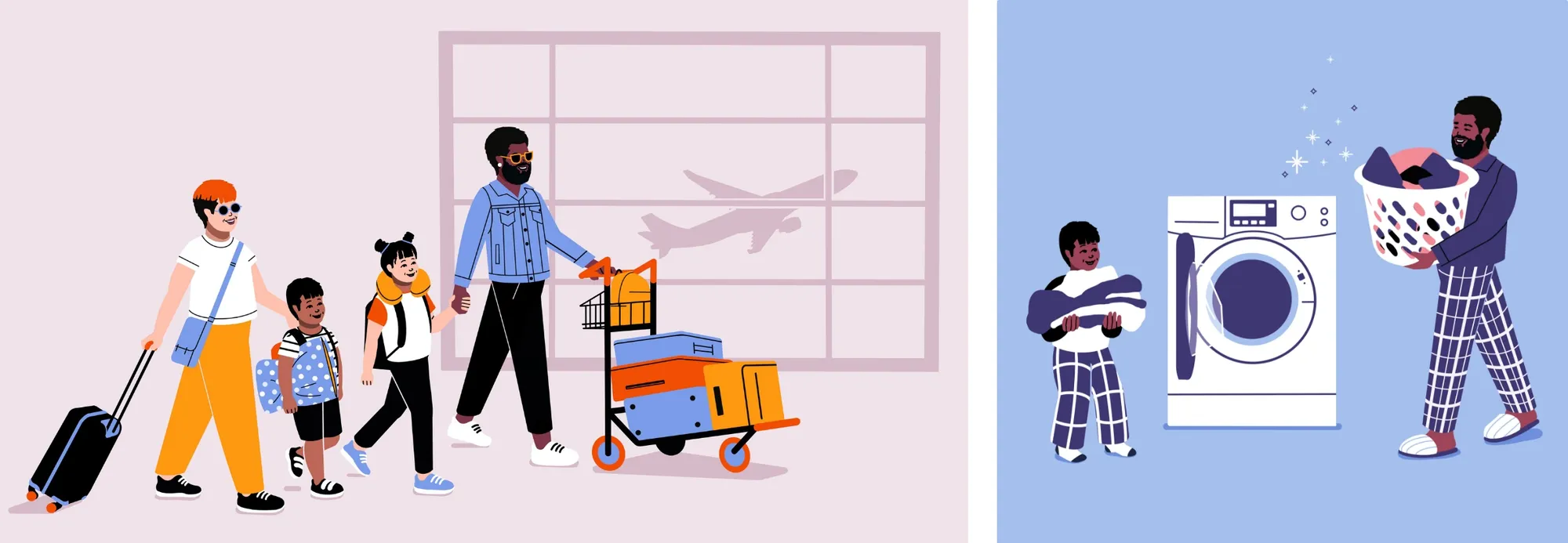 Illustration by Sophie Alp of a family walking through the airport and a man and boy doing laundry. 
