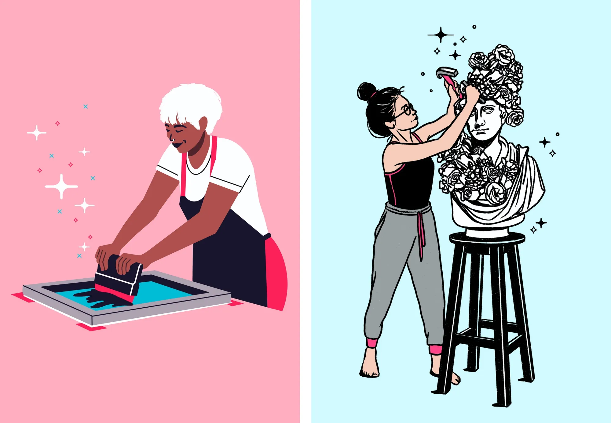Illustration by Sophie Alp of two women artists. 