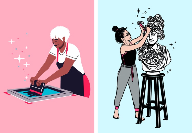 Illustration by Sophie Alp of two women artists.
