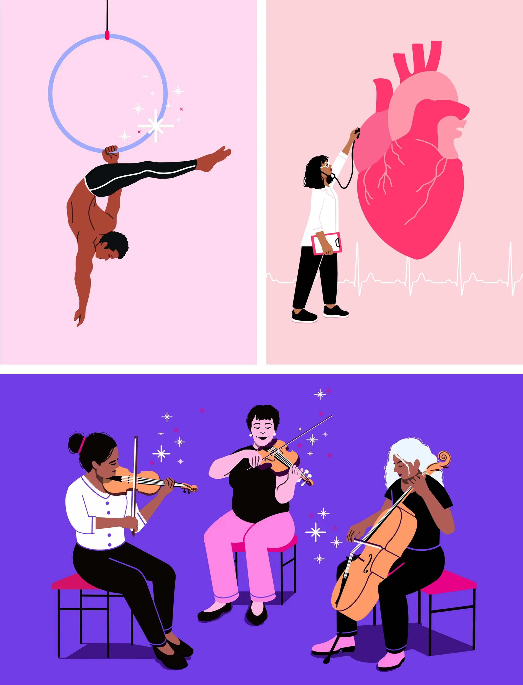 Illustration by Sophie Alp of a man excercising, a woman next to a heart and three women playing string instruments. 