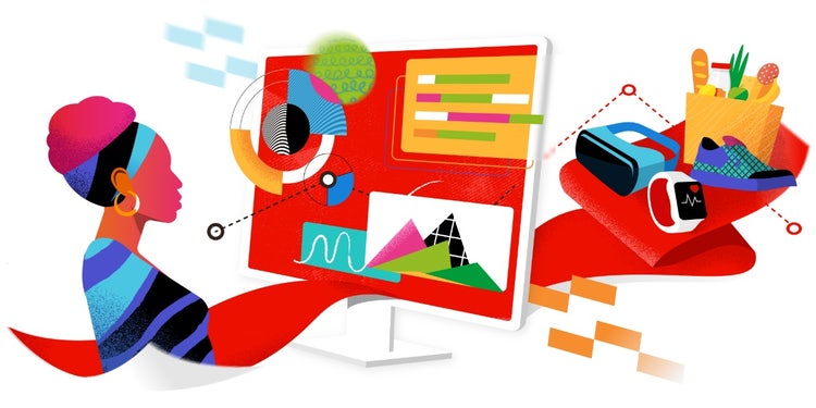 Colorful illustration of a woman looking at a computer monitor. 