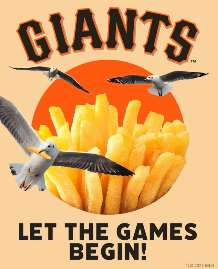 Social post about SF Giants and seagulls eating food.