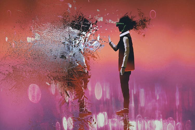A colorful illustration of a character wearing VR goggles mirrored with itself like it's exploding glass