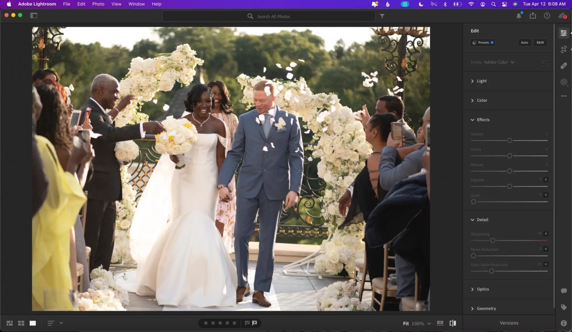 Shifting the direction of light on a backlit outdoor ceremony exit using the Select Subject and Linear Gradient masks in Lightroom. 