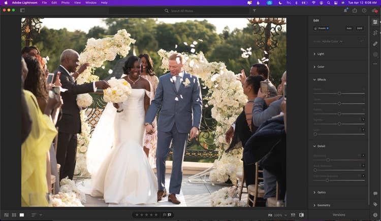 Shifting the direction of light on a backlit outdoor ceremony exit using the Select Subject and Linear Gradient masks in Lightroom.
