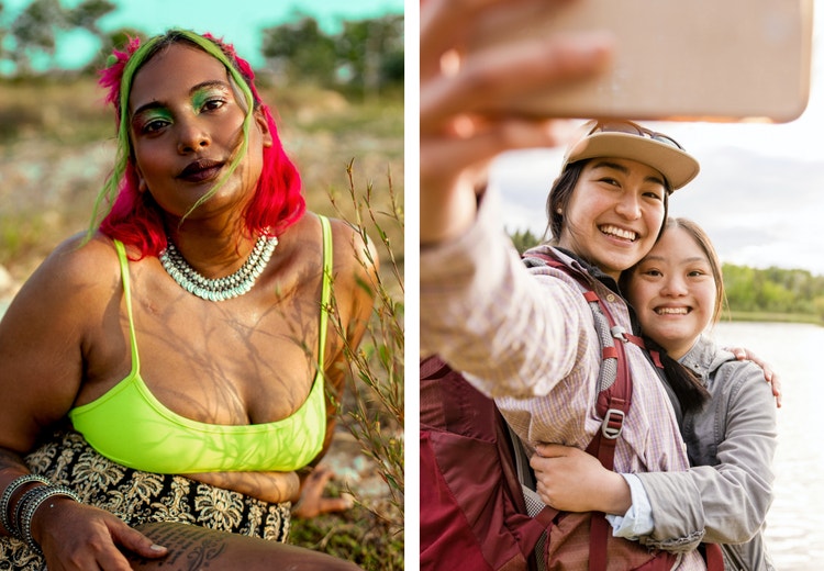 Portrait of dark skinned Indian woman in Malaysia and sisters taking selfie on lake shore.