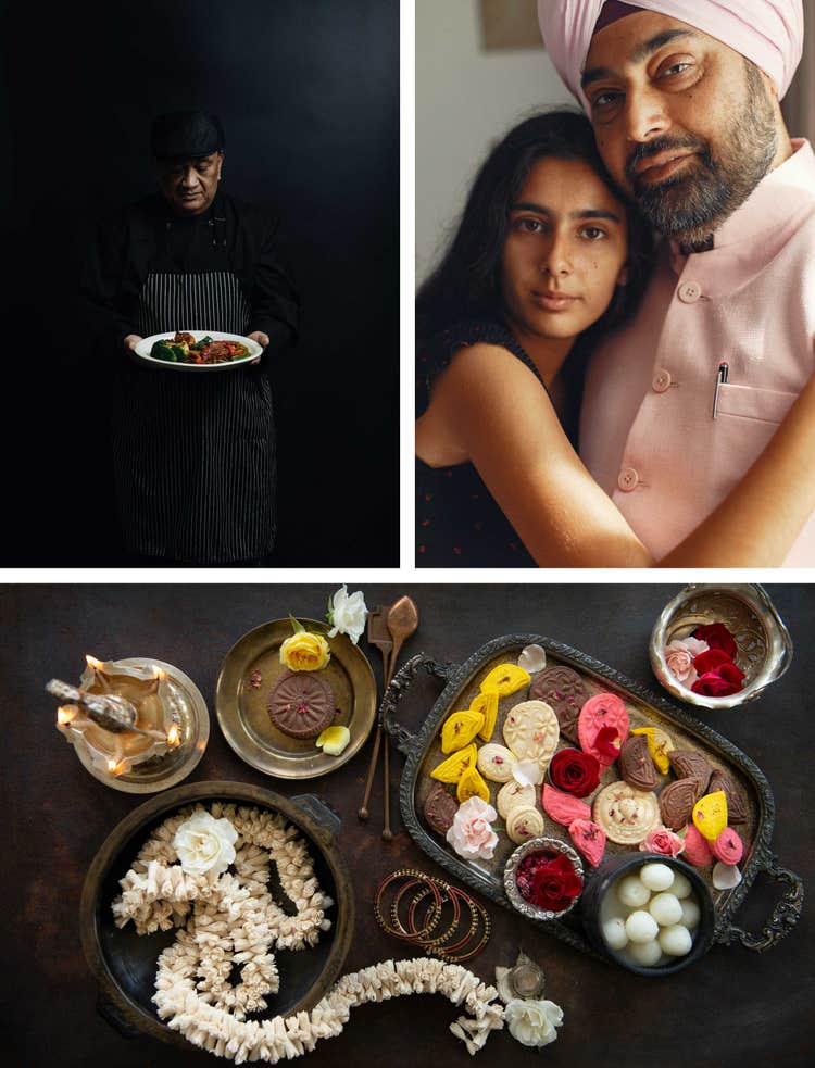 Image of American Samoan Chef, Portrait of Indian sikh man in turban with daughter and Indian sweets.