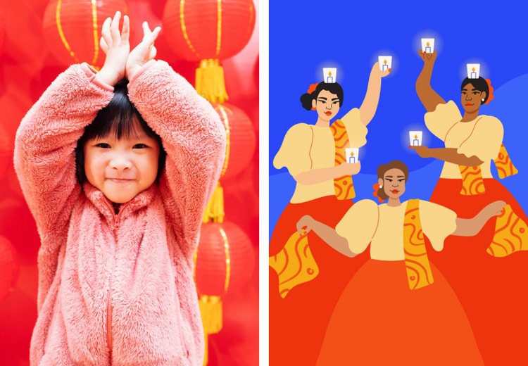 Little girl in Chinese New Year decorated street and illustration of women performing Philippine folk candle dance.