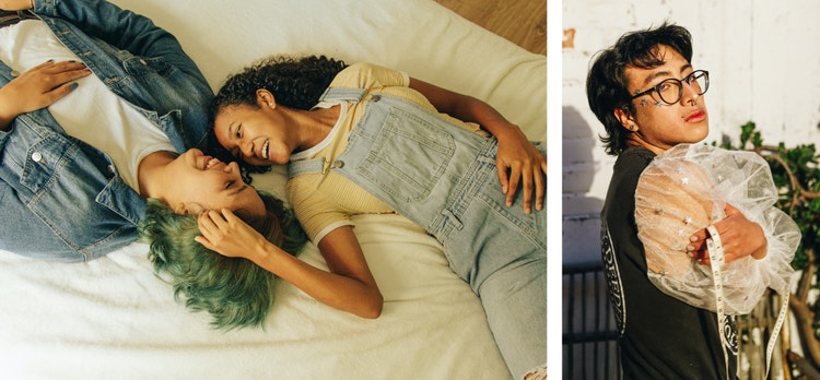 Two people laying on a bed, person holding fabric and a measuring tape.