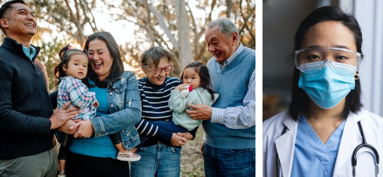 Joyous reunion in eucalyptus grove and portrait of asian female doctor wearing face mask at home.
