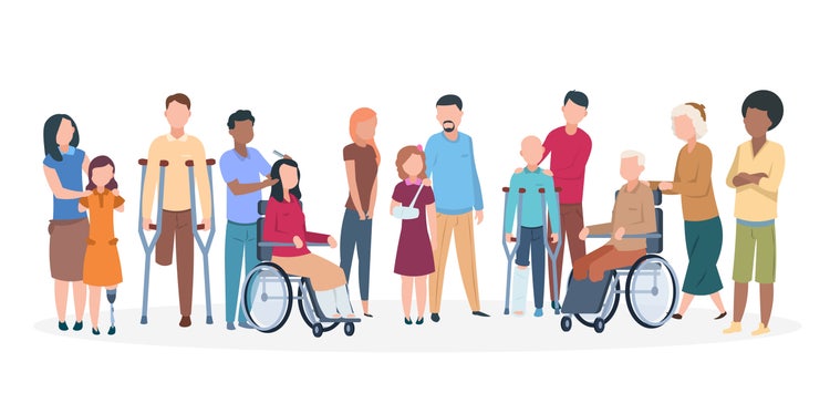 Illustration of people of varying ages, abilities, genders, and ethnicities, including people with both permanent and temporary disabilities.