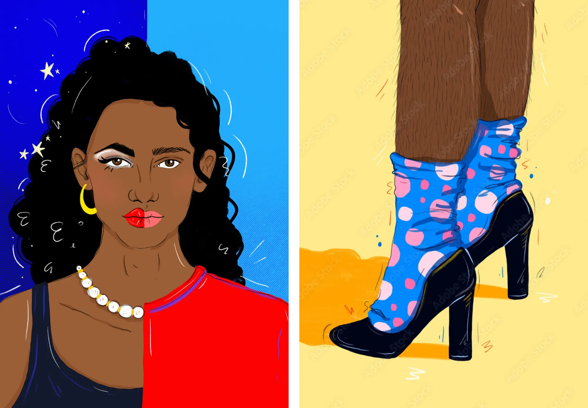 Left image: portrait showing a face divided in two halves. Right image:male feet in high heels.