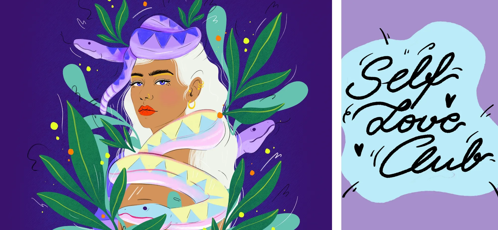 Left image: girl with snakes and plants. Right image: self love club lettering.