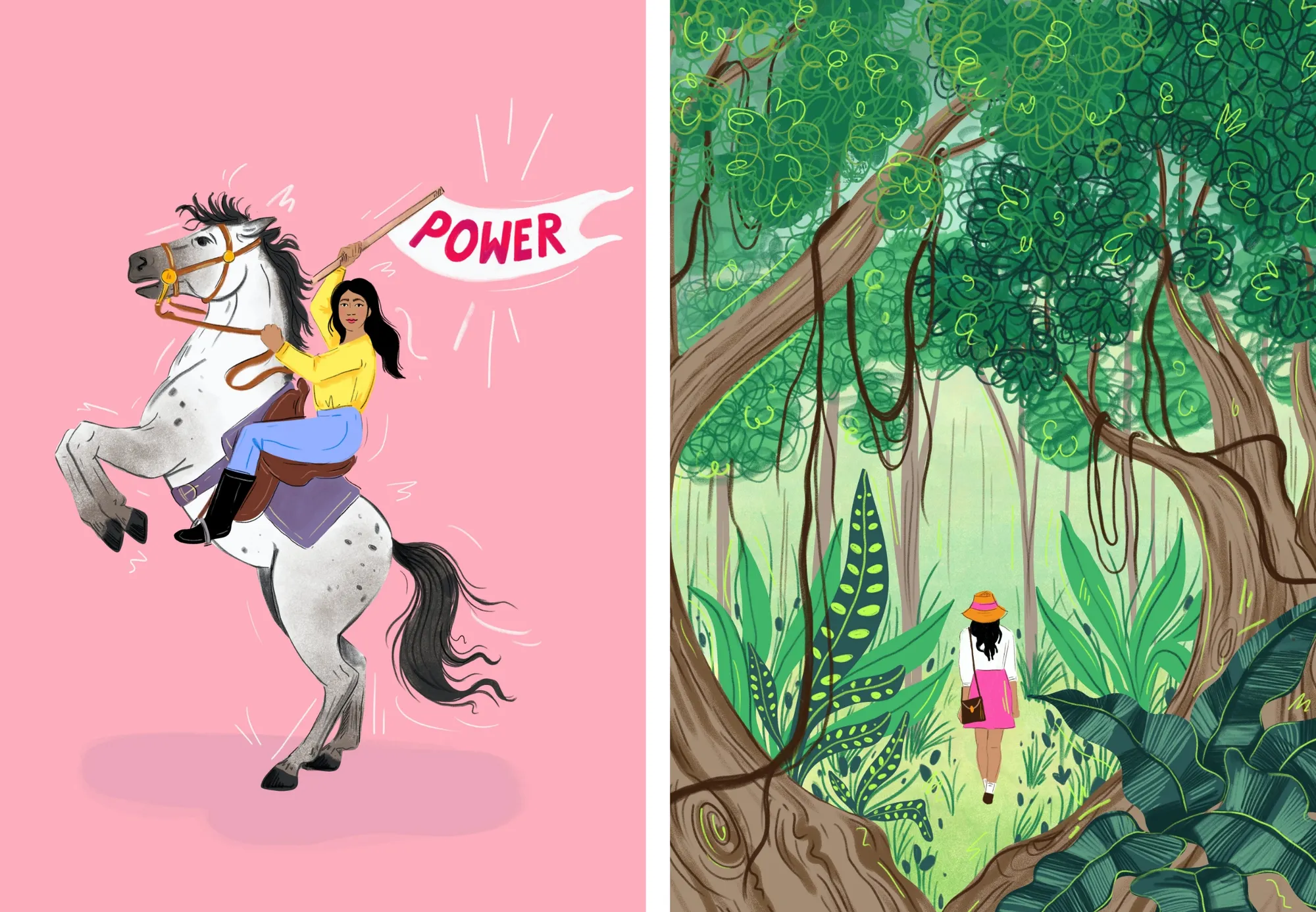 Left image: woman on horse with a flag. Right image: illustration of a woman in a forest.