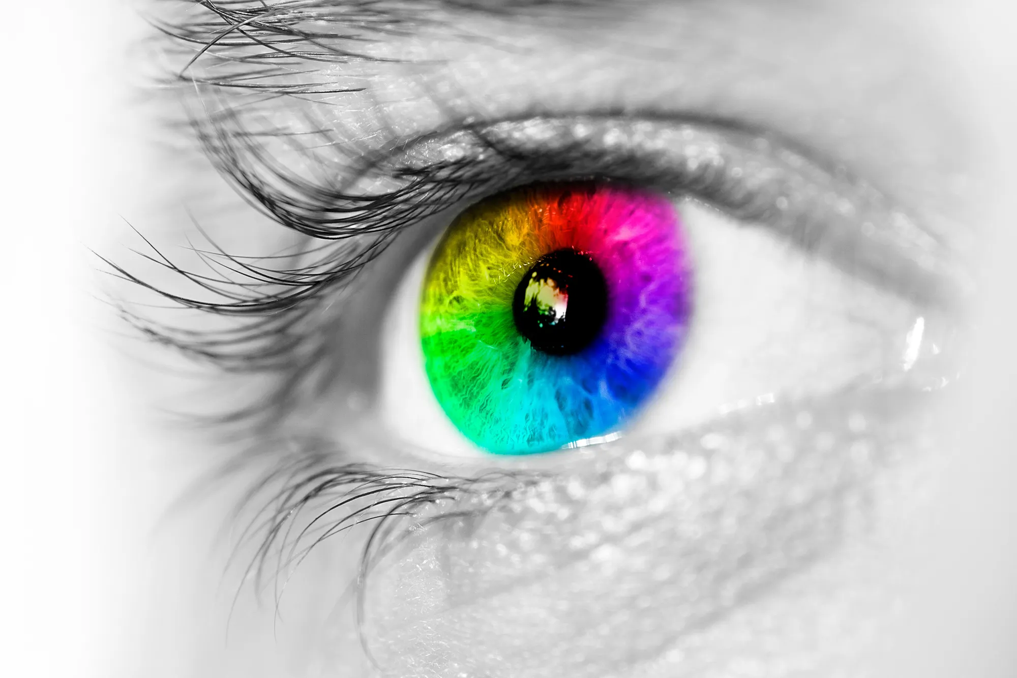 Black and White image of an eye with the iris colored in rainbow. 