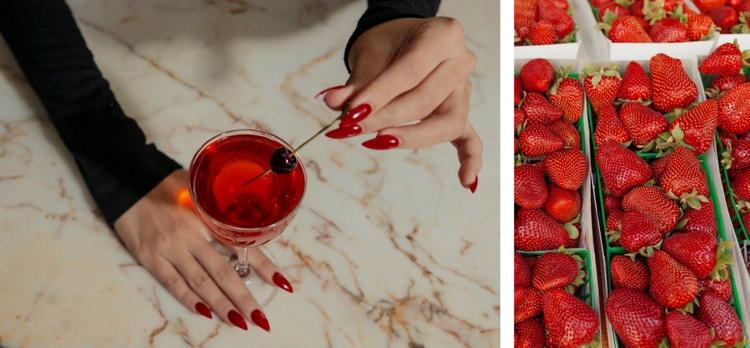 Image of A woman with red nails holding a whiskey cocktail at a cocktail bar and and image of Strawberries at the farmers market.