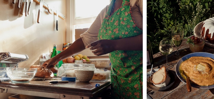 Image of Woman testing bread loaf at her baking station in her kitchen and and image of a bowl of grits on a table with wine and cocktails.