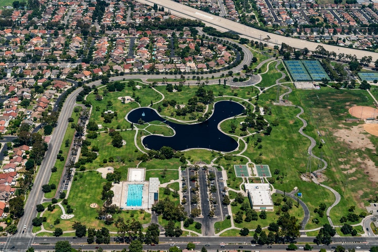 Aerial photography of a region in Southern California with a view of residential, and commercial areas.