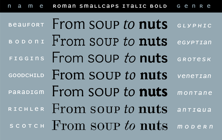 With small caps, oldstyle figures, swash characters, and extended language support for most families, Shinntype fonts feature all the bells and whistles for sophisticated text typography. 