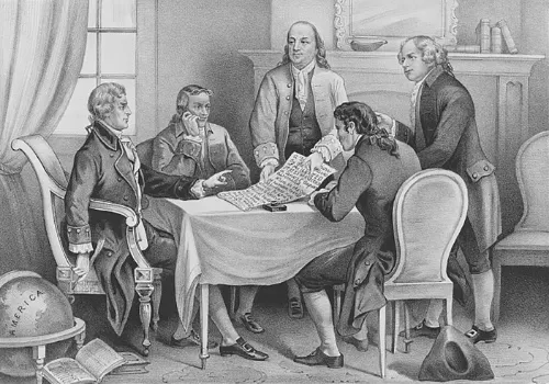 Image of the Founding Fathers looking over The Declaration of Independence.