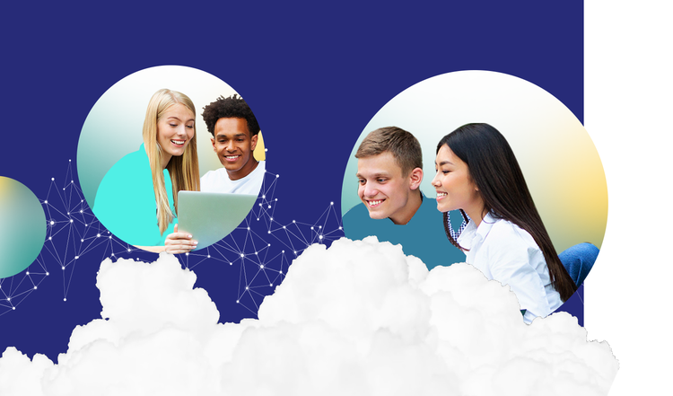 Photo of four students smiling. The background is a purple block colour with graphic clouds. 