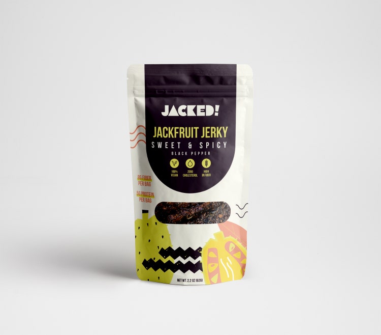 Image of a bag of JACKED jackfruit jerky. 