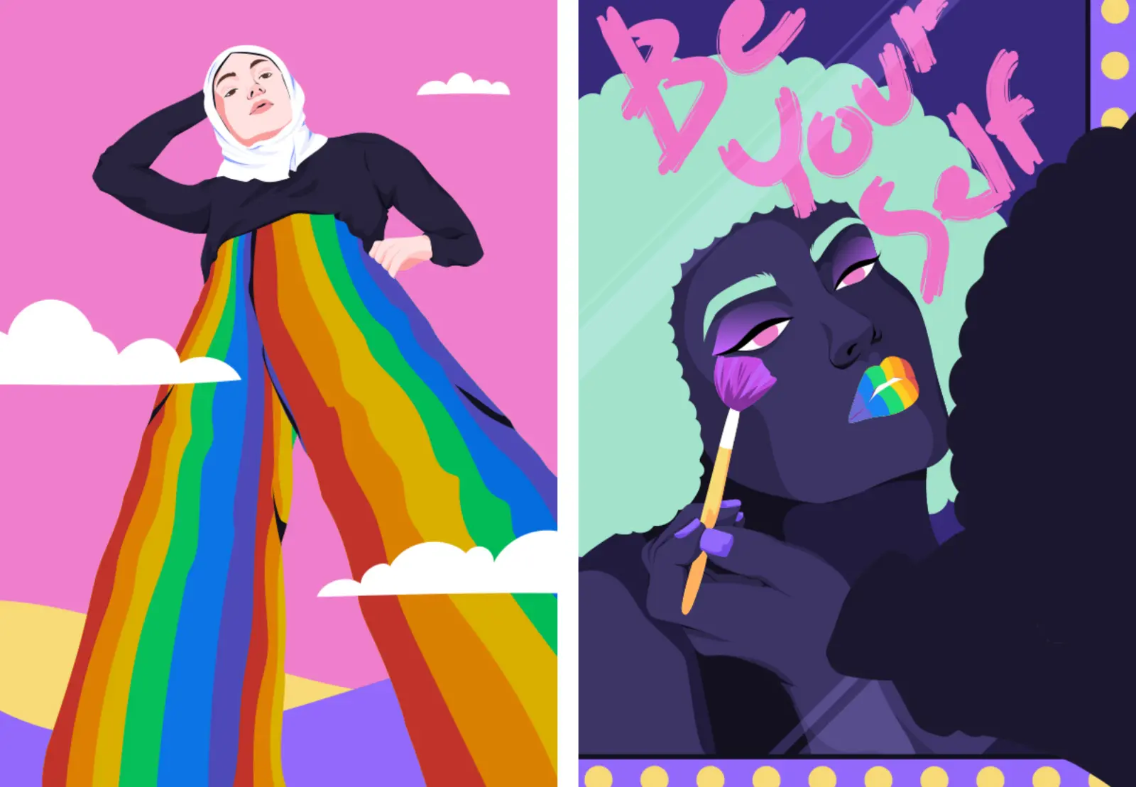 Left image:Woman standing in hijab wearing LGBTQ+ rainbow trousers. Right image: Woman applying makeup in mirror with rainbow lips. 