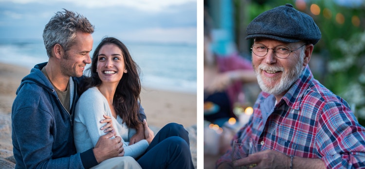 Left image: Beautiful couple sitting at the beach watching the sunset. Right image: Portrait of a man in a hat.
