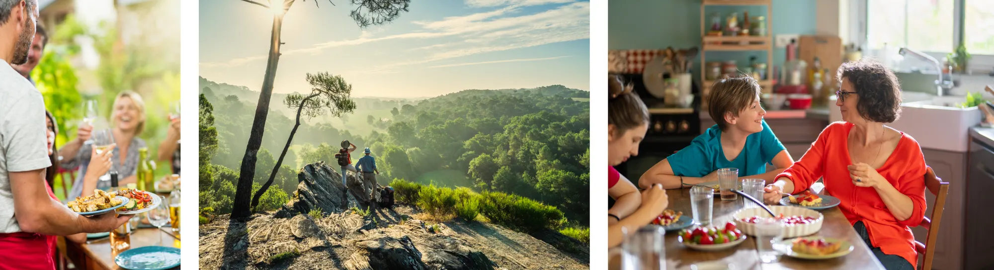 Left image: Focus on a man serving dishes of food to a group of friends. Center image: Hiker couple walk on a mountain trail, overlooking the valley. Right image: The family gathers around the table in the kitchen to enjoy the delicious strawberry tart that Mom just made.